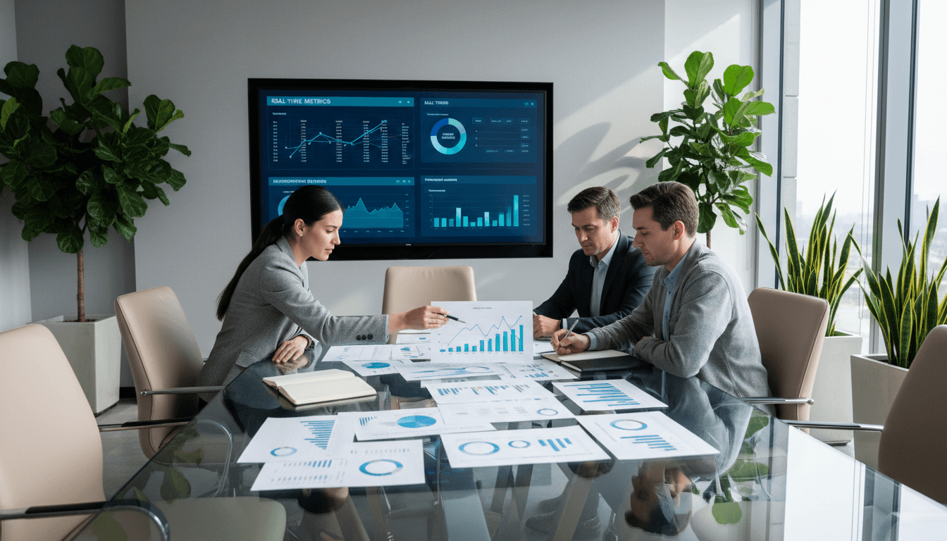 Team reviewing aggregate cognitive performance analytics in conference room