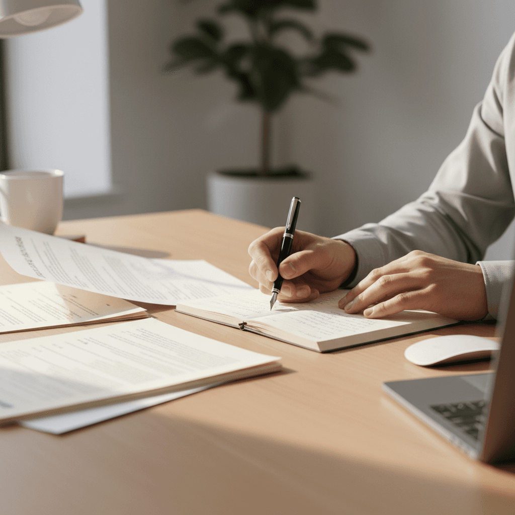 Person working thoughtfully at desk with notebook